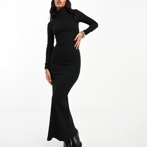 ASOS Design ribbed roll neck long sleeve midi dress in black